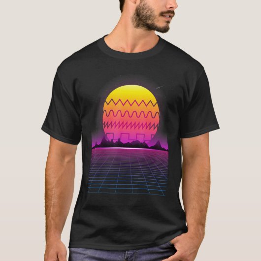 T-shirt 80s Retro Sunset Synthesizer Synthwave Waveform (Devant)