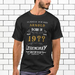 T-shirt 80th Birthday Ajouter le nom Année Légendaire Blac<br><div class="desc">Faites une déclaration spéciale et montrez votre style avec notre 80e anniversaire Ajouter le nom Année Legendary Black Gold T-Shirt. Parfait pour votre fête d'anniversaire à venir, il est personnalisable et vous permet de choisir un nom spécial et une année à imprimer sur le Tee dans un magnifique script. La...</div>