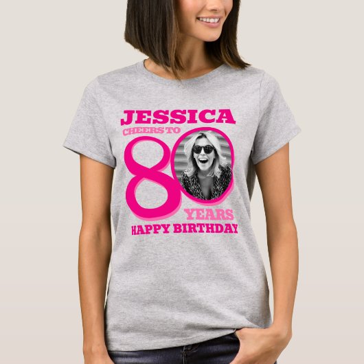 T-shirt 80th Birthday doubled sided photo name pink text (Devant)