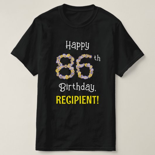 T-shirt 86e anniversaire : Fleurs florales Numéro "86" + N (Design devant)