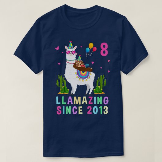 T-shirt 8 Years Old 8th Birthday Sloth Riding Llama Girls (Design devant)