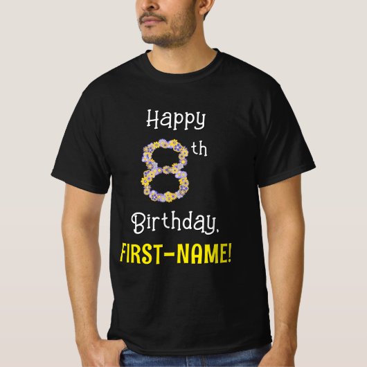 T-shirt 8e anniversaire : Fleurs florales Numéro "8" + Nom (Devant)