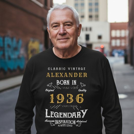 T-shirt 90th Birthday 1936 Add Name Black Gold Legendary