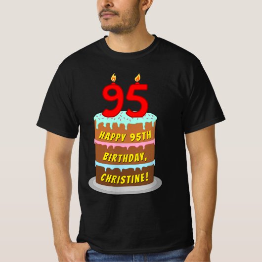 T-shirt 95e anniversaire — Fun Cake & Candles, avec nom pe (Devant)