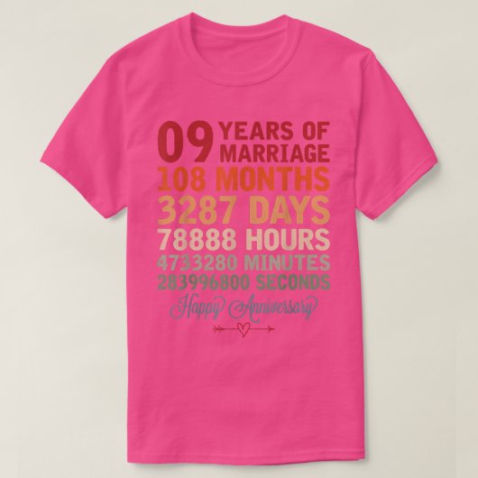 T-shirt 9 ans de mariage couple compte à rebours 9e Mariag (Design devant)
