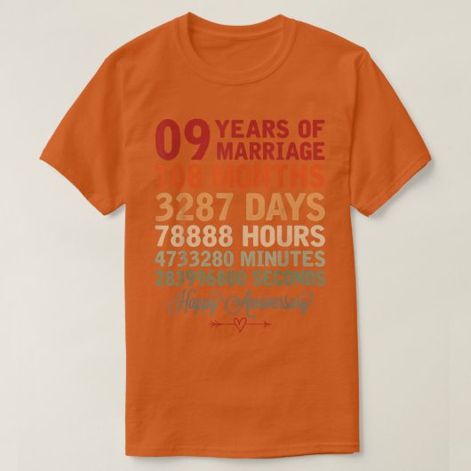 T-shirt 9 ans de mariage couple compte à rebours 9e Mariag (Design devant)