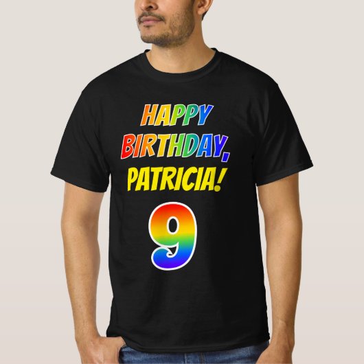 T-shirt 9e anniversaire — Bold, Fun, Rainbow 9, Nom person (Devant)
