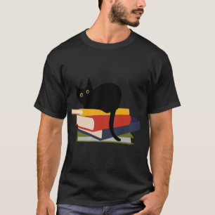 T-shirt A black cat sits on top of a stack of five books.