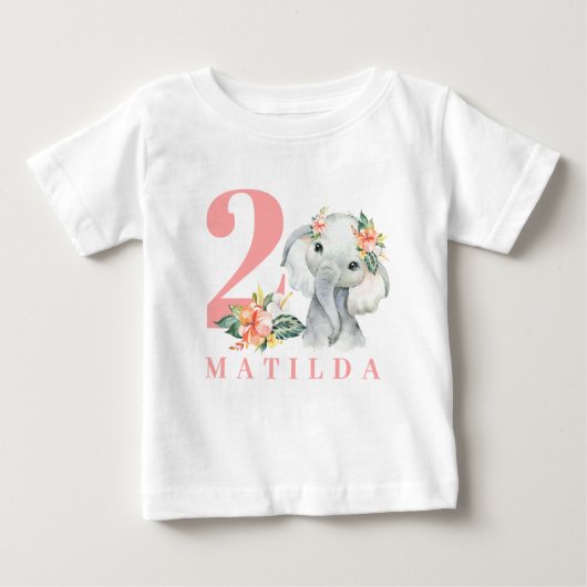 T-shirt à fleurs d'éléphant de 2e anniversaire (Devant)