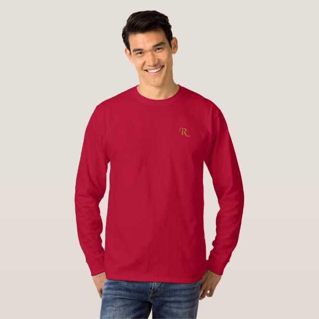 T-shirt À Manches Lomgues Brodée Créer des hommes personnalisés Noël Rouge or Monog (Devant entier)