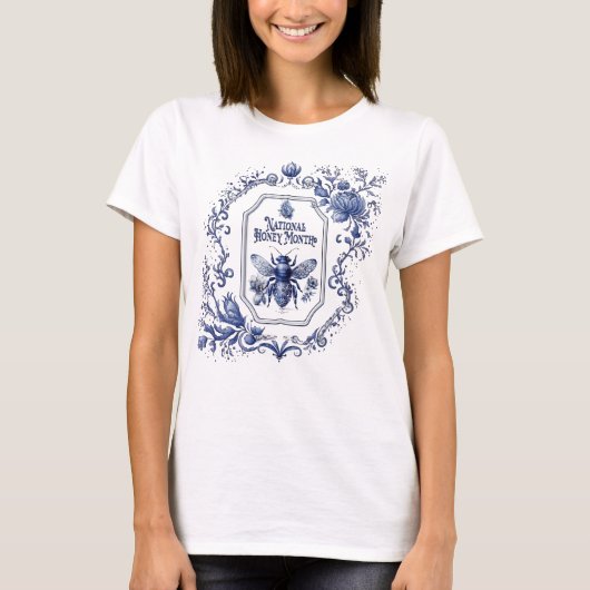 T-shirt Abeille et fleurs de miel bleu Delft (Devant)