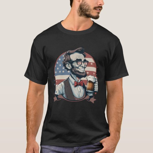 T-shirt Abraham Lincoln Drinking 4th of July American Flag (Devant)