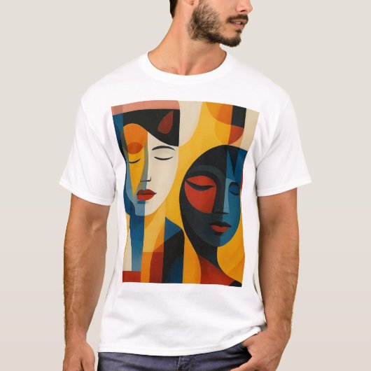 T-shirt Abstract Faces Art Print, Dual Portrait, Abstract (Devant)