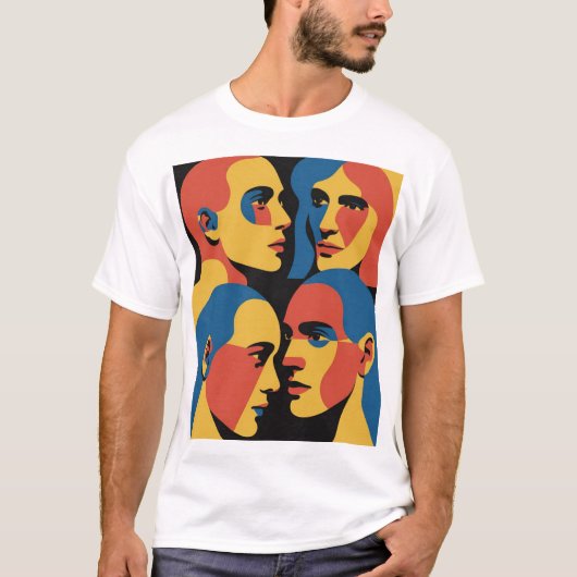 T-shirt Abstract Faces Grid Art Print, Human Faces (Devant)