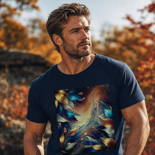 T-Shirt Abstrait à Feuilles Bleues et Cuivrées