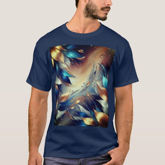 T-shirt Abstrait Feuilles bleu et cuivre (Devant)
