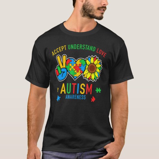T-shirt Accept Understand Love Sunflower Everybody Autism (Devant)