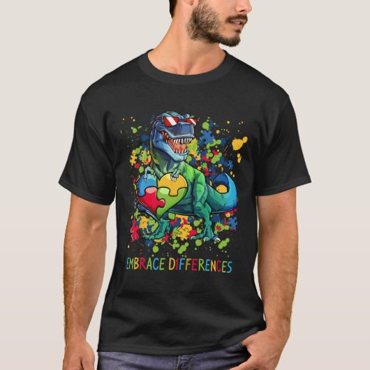 T-shirt Accepter les différences Autisme Dinosaure T-rex P (Devant)