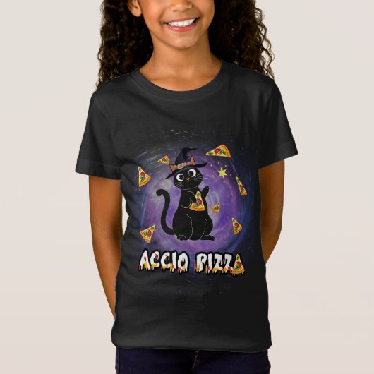 T-Shirt Accio Pizza Funny Black Cat Magicien (Devant)