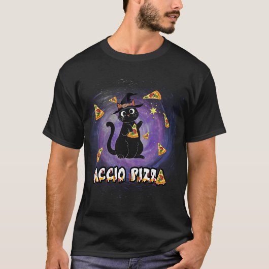 T-shirt Accio Pizza Funny Black Cat Magicien (Devant)