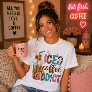 T-shirt Accro au café glacé Imprimé léopard tournesol Mign