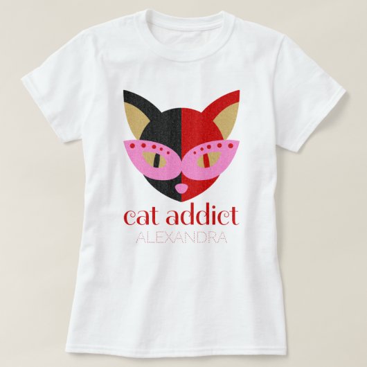 T-shirt Addict de chat mignon noir rouge rose Nom Customis (Design devant)
