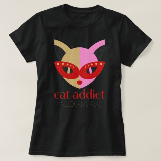 T-shirt Addict de chat mignon rouge rose or Customisé Nom (Design devant)