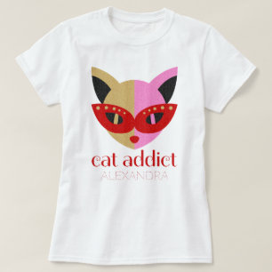 T-shirt Addict de chat mignon rouge rose Or Nom Customisé