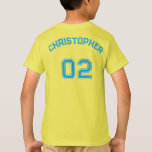 T-shirt Ado Toddler Boy Girl Sports Nom Jersey Numéro<br><div class="desc">Créez votre propre personnalisation, personnalisée, cool, taille unisexe, moderne, stylisée typographie bleue / police / script, monogrammed nom de lecteur jersey numéro jaune, pré-rétréci 100% ComfortSoft® tee - shirt de t-shirt en coton doux. Entrez simplement votre nom / nom d'enfant / nom du joueur et numéro de maillot du joueur,...</div>
