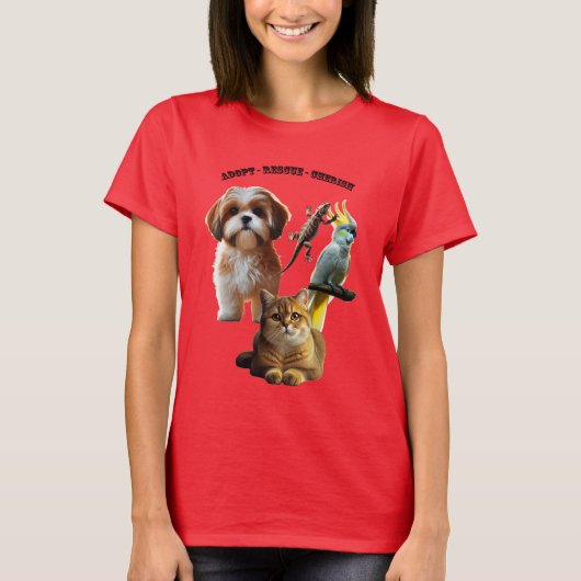 T-shirt Adoption d'animaux avec le chien, le chat, l'oisea (Devant)