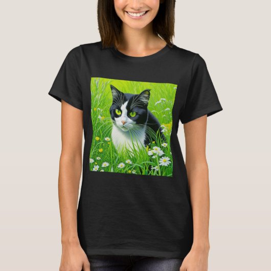 T-shirt Adorable Chat assis dans un champ de marguerites (Devant)