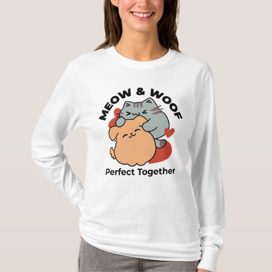 T-shirt Adorable chat et chien Hug - Meow & Woof Design (Devant)