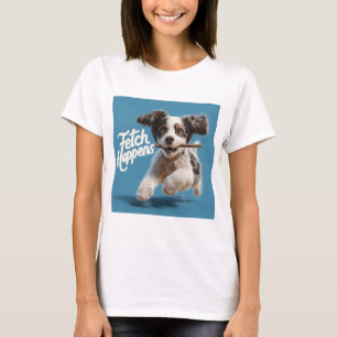 T-shirt Adorable Chiot Mid-Air Courir avec un bâton