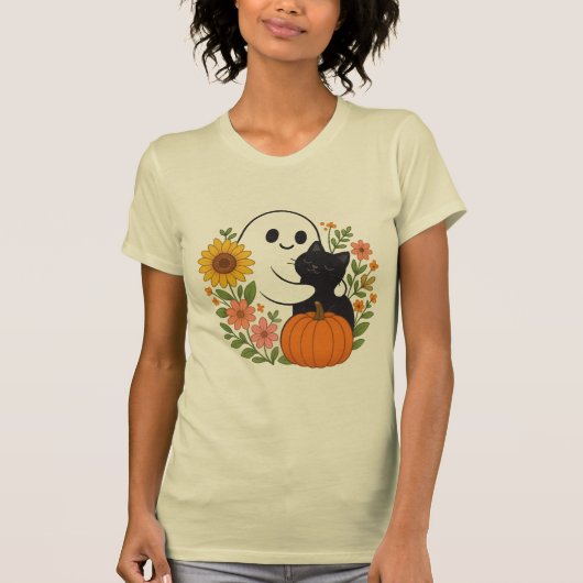 T-shirt Adorable Fantôme et Chat Noir Chute mignonne Hallo (Devant)