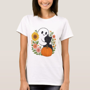 T-shirt Adorable Fantôme et Chat Noir Chute mignonne Hallo