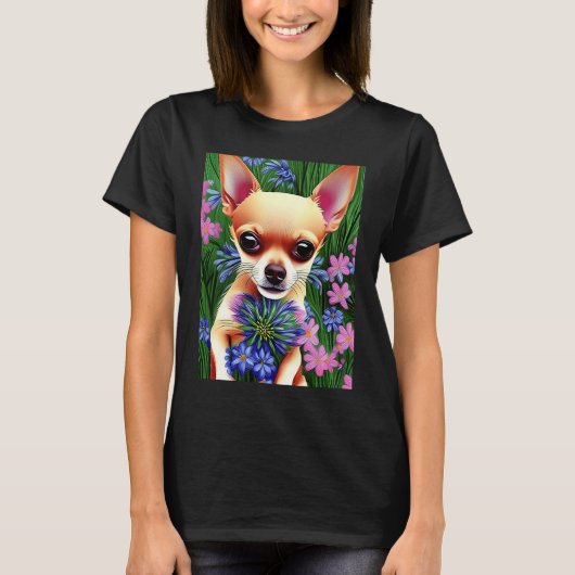 T-shirt Adorable Fawn Chihuahua Playing in Flowers (Devant)