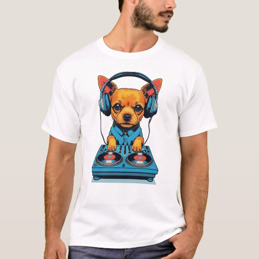 T-shirt Adorable Ginger petit chien DJing avec casque (Devant)