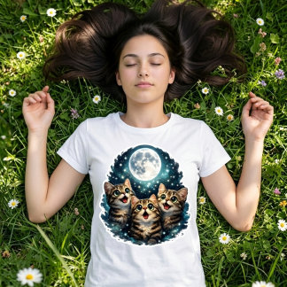 T-shirt Adorable Meowing Cat Trio Under Full Moon Women's 
