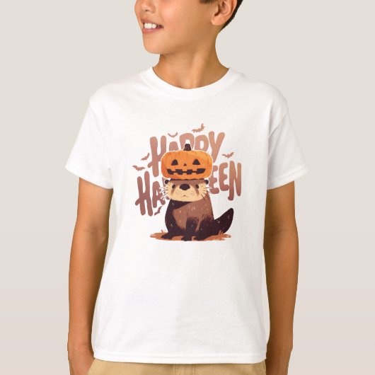 T-shirt Adorable Otter avec Casquette Citrouille - Happy H (Devant)