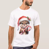 T-shirt Adorable Otter de Noël à Santa Hat avec bonbon (Devant)