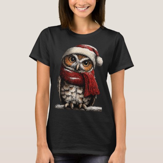 T-shirt Adorable Owl With Santa Hat Snowy Winter Christmas (Devant)