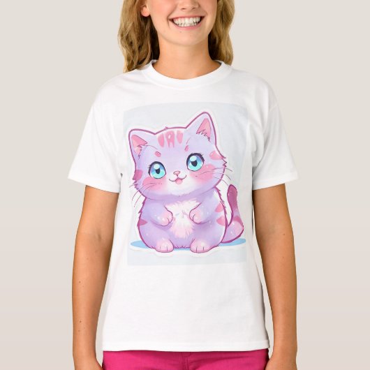 T-shirt Adorable Pastel Purple Cartoon Chat pour filles (Devant)