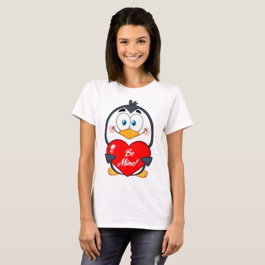 T-shirt Adorable Penguin Holding Be Mine Heart (Devant entier)