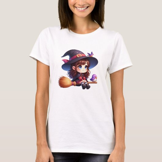 T-shirt Adorable sorcière mignonne avec 2 oiseaux, Hallowe (Devant)
