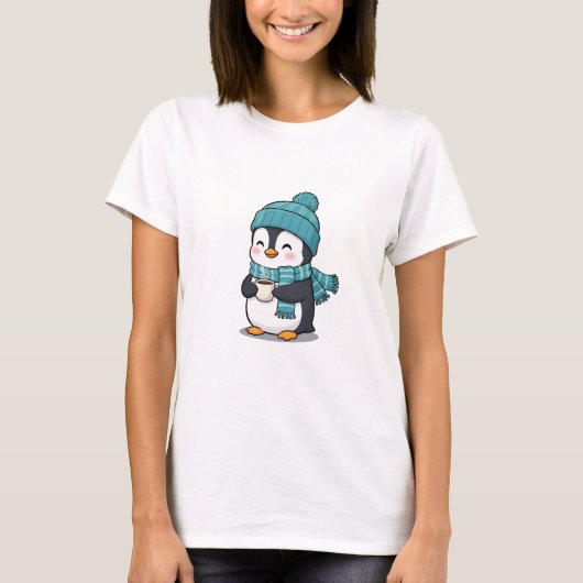 T-shirt Adorable Winter Penguin Wearing Beanie and Scarf (Devant)