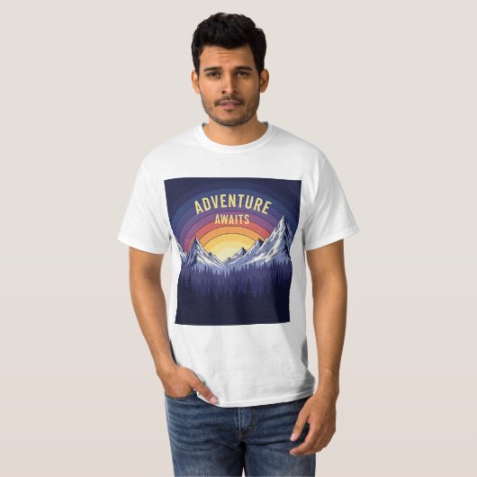 T-shirt Adventure Await Mountain Sunset Retro Randonnée (Devant entier)