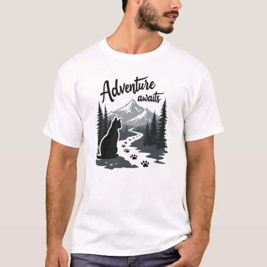 T-shirt Adventure Awaits Cat Hiking Mountains Silhouette – (Devant)