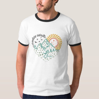 T-shirt Adventure Awaits – Retro Mountain & Sun Nature