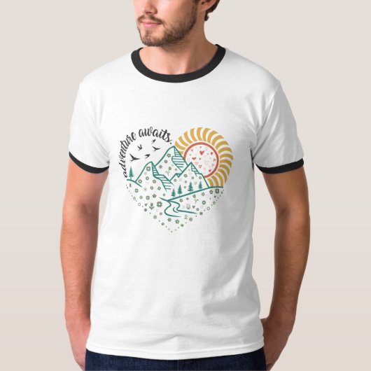 T-shirt Adventure Awaits – Retro Mountain & Sun Nature (Devant)