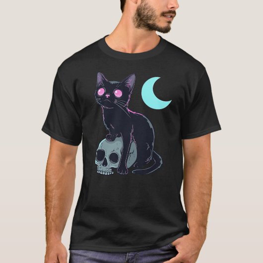 T-shirt Aesthetic Anime Pastel Goth Witchy Cat With Skull (Devant)